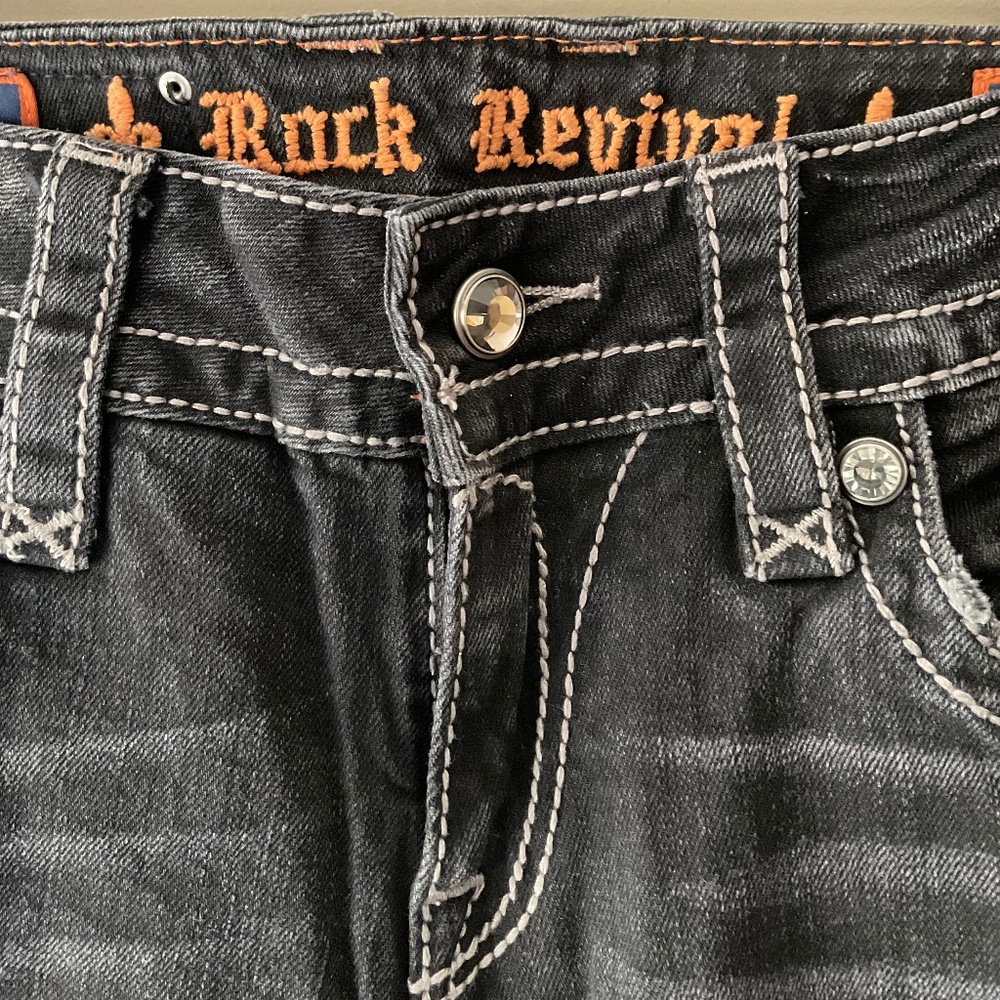 Black Revival jeans with flair, some rhinestones and vivid stitching
